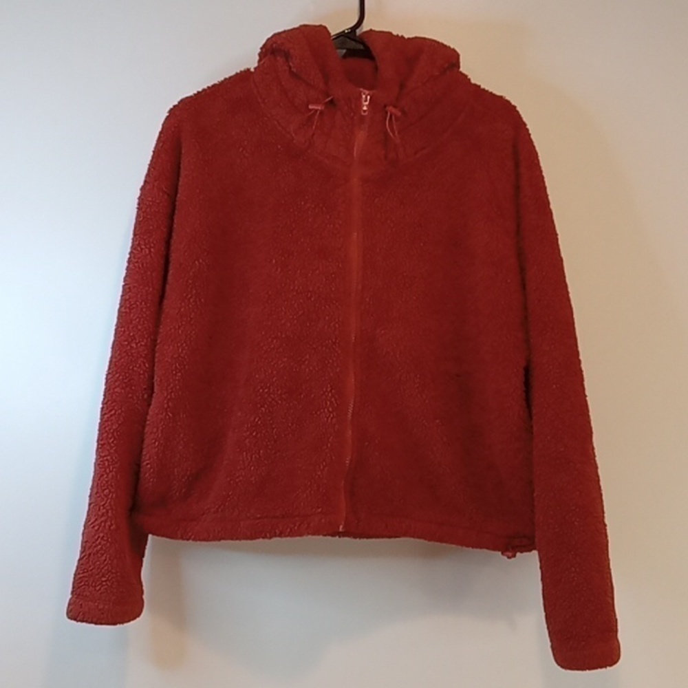 PINK VICTORIA'S SECRET "Pumpkin Orange" Full Zip Hooded Sherpa Jacket Sz Med EUC